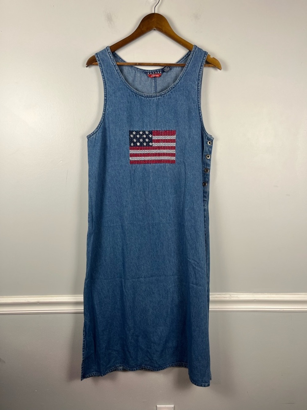 90s vintage Agapo USA Flag Denim Jumper maxi dress size large petite